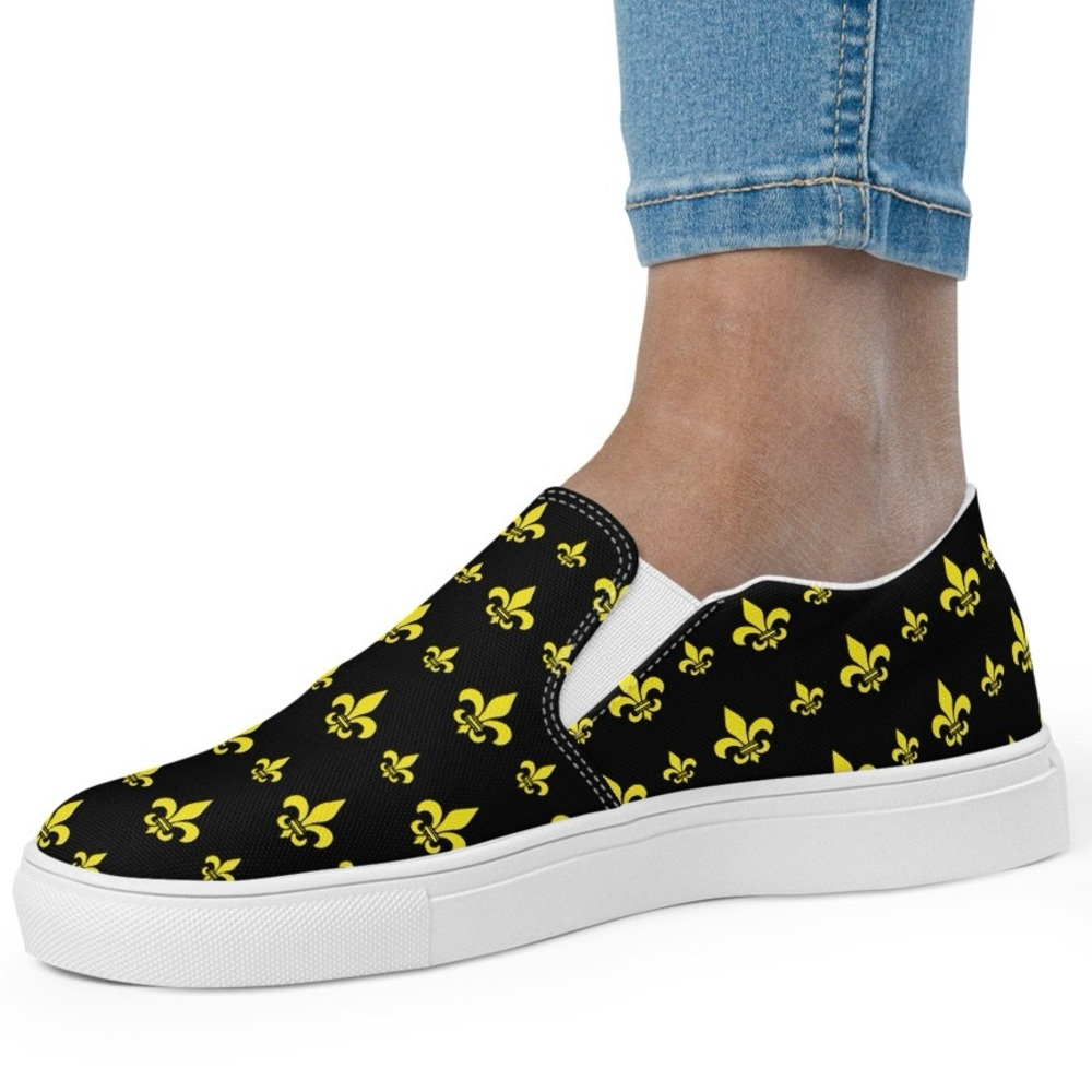 NIB Fleur de Lis Black Gold New Orleans Game Day Women Slip On Shoes 8.5 RARE